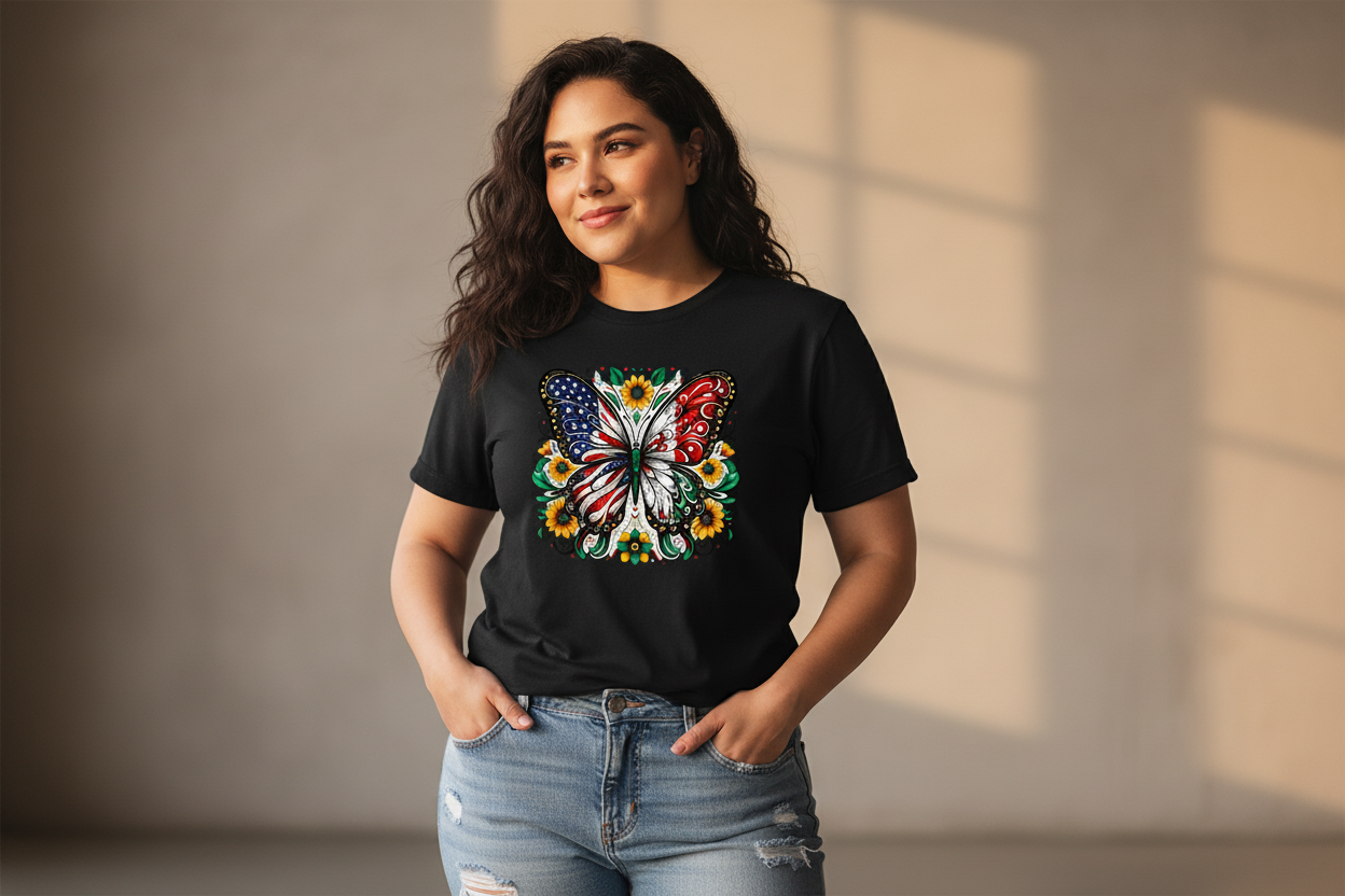Curvy Latina wearing Beautifully Chicana design