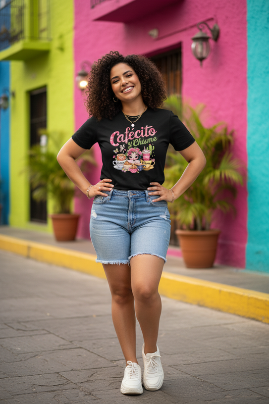 Curvy Latina wearing the black Cafecito y Chisme shirt