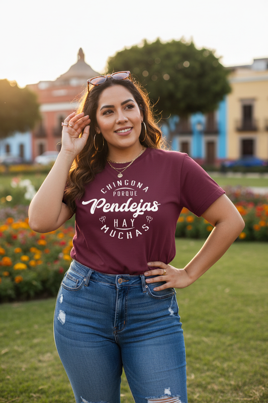 Curvy Latina wearing the Pendejas shirt