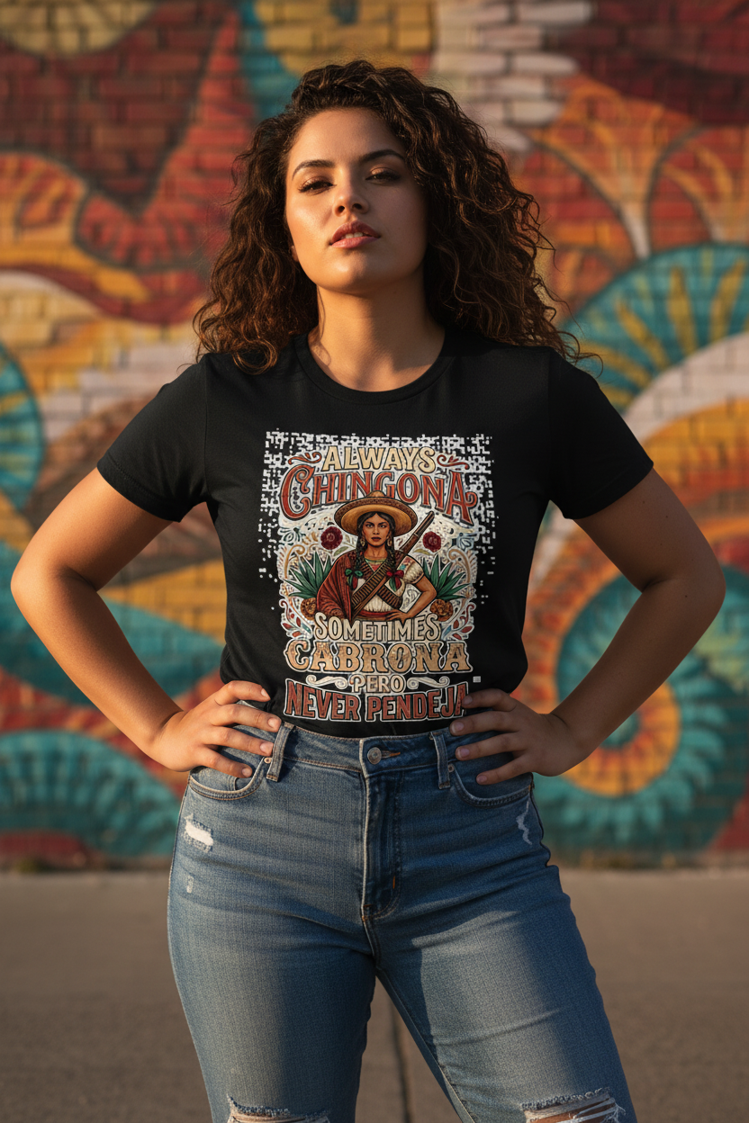 Curvy Latinx person wearing the black Never Pendeja shirt