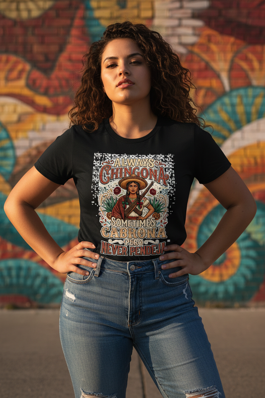 Curvy Latinx person wearing the black Never Pendeja shirt