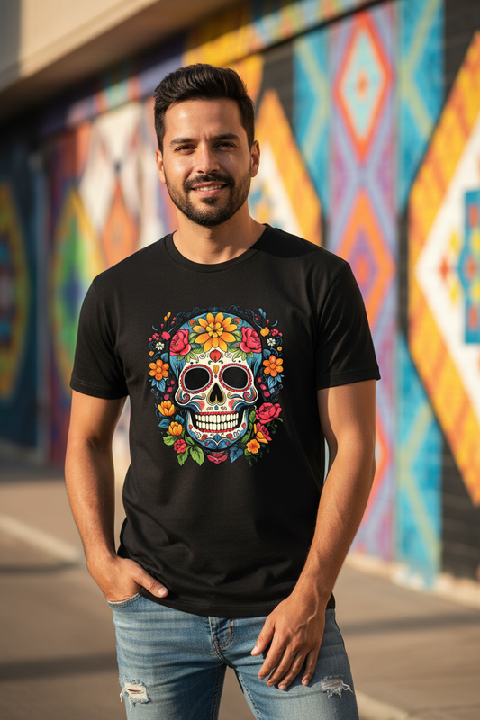 Handsome Latino wearing the Sugar Skull t-shirt
