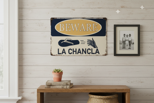 Beware La Chancla Metal Sign
